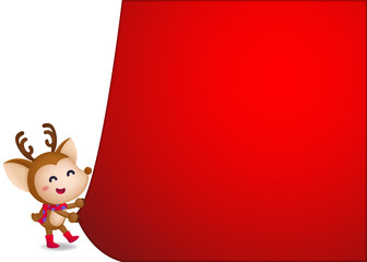 Christmas character design. Cute reindeer smiling in the red boots on white and red background. Christmas poster template.