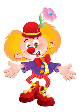 funny clown with yellow hair and a red hat, a red flower in his hair and a red bow tie on his neck, isolated object on a white background, vector illustration