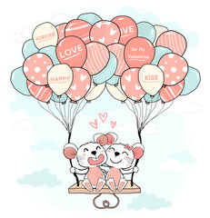 cute mice lover couple hug and sit on colourful pastel balloon swing on blue sky, cute flat vector character cartoon animal design for greeting card, childhood stuff printing
