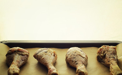 Baked chicken in the oven. Turkey legs on a baking sheet with spices baked in the oven. Snack on Thanksgiving Day.