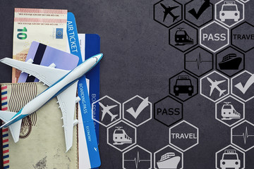 Air ticket and passport for flight plane. Travel concept. Ticket booking.