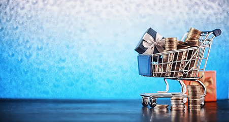 Background shopping trolley. Concept of shopping for groceries and things. Weekend shop.