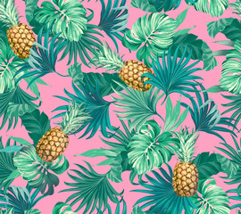 seamless pattern Exotic tropical leaves and pineapple artwork for fabrics, souvenirs, packaging, greeting cards and scrapbooking, textile