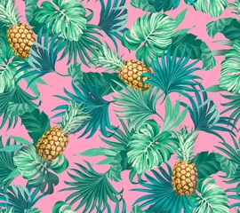 Canvas schilderij Jungle seamless pattern Exotic tropical leaves and pineapple artwork for fabrics, souvenirs, packaging, greeting cards and scrapbooking, textile  © Aglaia
