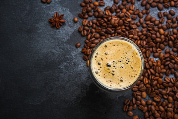 coffee drink and coffee grain (beverage, delicious hot drink). top view. copy space