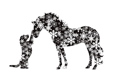 Vector silhouette of snowy dog with horse on white background. Symbol of pet friends in winter with snowflakes.