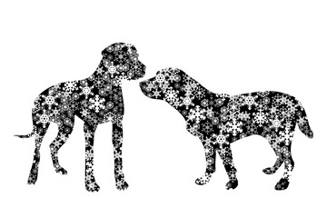 Vector silhouette of snowy dogs on white background. Symbol of puppy in winter with snowflakes.