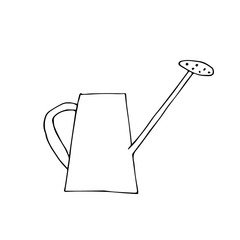 One vector watering can hand drawn clip art. Black gardening illustration line art on a white isolated background. Design for wrapping paper, stickers, cards, packages and coloring.