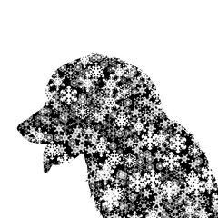 Vector silhouette of snowy dog on white background. Symbol of pet in winter with snowflakes.
