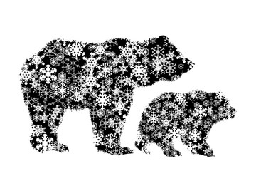 Vector silhouette of snowy bear family on white background. Symbol of wild mother and baby in winter with snowflakes stay together.