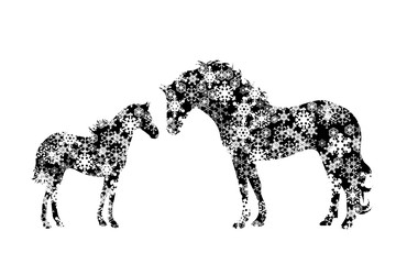Vector silhouette of snowy horse family on white background. Symbol of mother and baby in winter with snowflakes stay together.