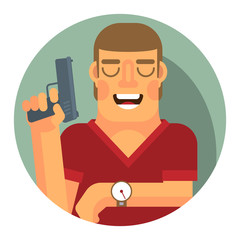 The referee with the starting gun in one hand, looking at the stopwatch.