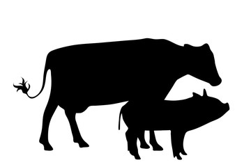 Vector silhouette of cow with pig on white background. Symbol of farm animal´s.