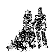 Vector silhouette of snowy couple on white background. Symbol of bride and groom on weeding in winter with snowflakes.