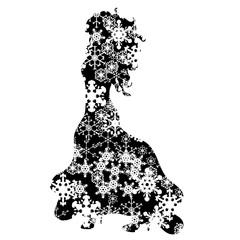 Vector silhouette of snowy woman on white background. Symbol of bride on the weeding in winter with snowflakes.