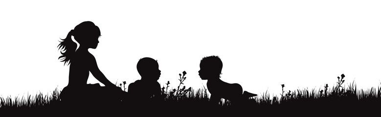 Vector silhouette of children on the garden on white background. Symbol of siblings play in the garden.
