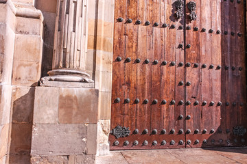 detail of The Primada Cathedral of Bogotá stands in the framework of the Plaza de Bolívar, in the...