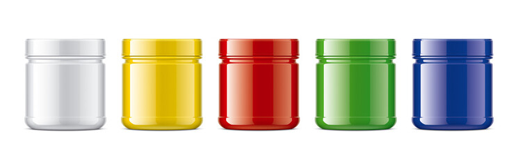 Set of plastic Jars. Colored Glossy surface version.