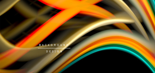 Abstract silk smooth lines on black, multicolored liquid fluid rainbow style waves on black