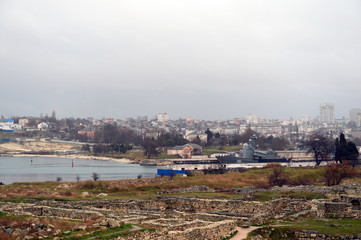 Fototapeta premium View of the Quarantine Bay from the ruins of Chersonesos in Sevastopol