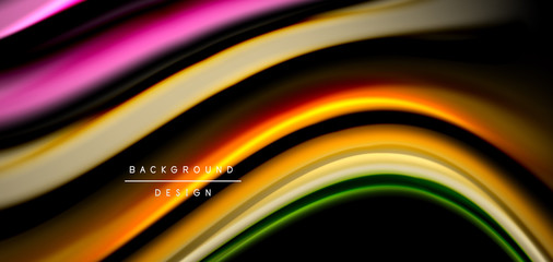Abstract silk smooth lines on black, multicolored liquid fluid rainbow style waves on black