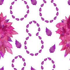 Watercolor hand painted nature floral seamless pattern with pink and purple amaranth flowers plants and petals in eight 8 shape isolated on the white background for march women's day celebration cards