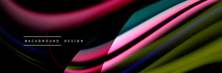 Сolorful flow poster. Wave liquid lines and shapes in black color background. Vector Illustration
