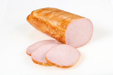 Tasty meat sausages over white background