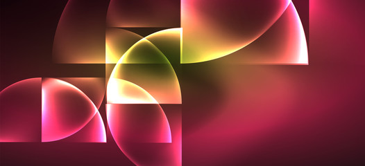 Techno glowing glass geometric shapes vector background, futuristic dark template with neon light effects and simple forms