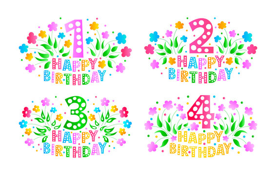 Greeting Card Set. Postcards for the celebration of the 1st, 2nd, 3rd and 4th anniversary. Happy Birthday cards for a little girl. Colored text, flowers and confetti on a Classic blue background.