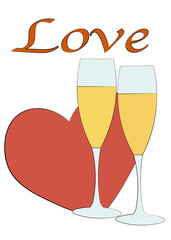 Vector flat illustration with two champagne and heart. Card for valentines day. Champagne and heart as symbols of love