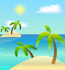 Fototapeta na wymiar Vector cartoon illustration of tropical islands, sea and clouds. Palms on islands in sea
