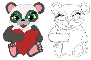 Vector panda - coloring and colorful. Cartoon panda. Children toy and cartoon character. Flat ilustration with heart