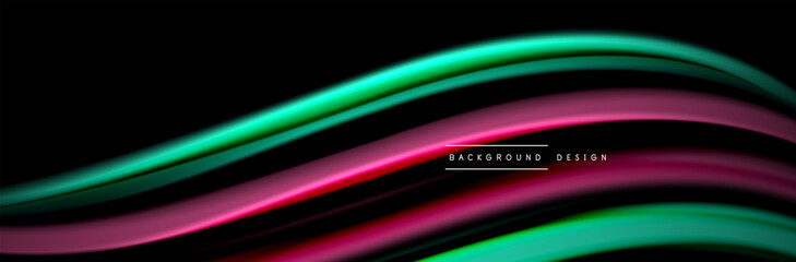 Silk and smooth flow wave poster design. Color waves, liquid style lines and shapes in black color background