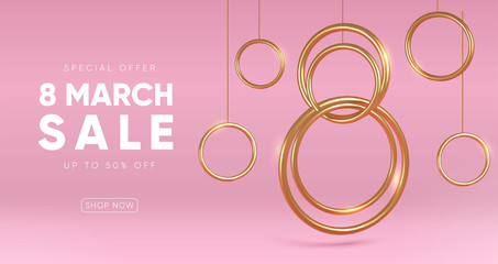 International Women's Day sale banner with golden decor elements. Eps10 vector.