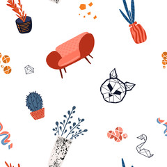 Set of home decor, a lot of cute element drawn in Scandinavian style, flat design, interior objects. Seamless pattern, for textile and print.