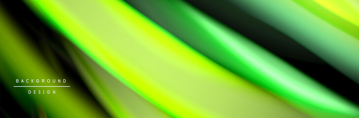 Silk and smooth flow wave poster design. Color waves, liquid style lines and shapes in black color background