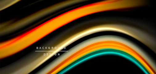 Abstract silk smooth lines on black, multicolored liquid fluid rainbow style waves on black
