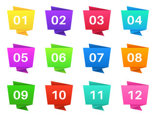 Number bullet points. Colourful steps with numbers, pointing text bullets of simple shape. Modern interface elements vector set