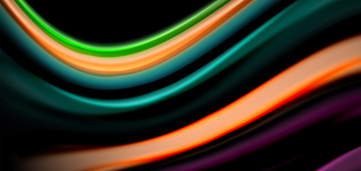 Abstract silk smooth lines on black, multicolored liquid fluid rainbow style waves on black