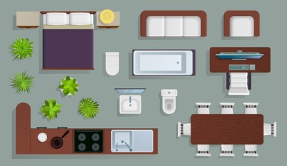 Interior top view. Office furniture design elements, bedroom and kitchen, bathroom plan, store and apartment view from above vector set