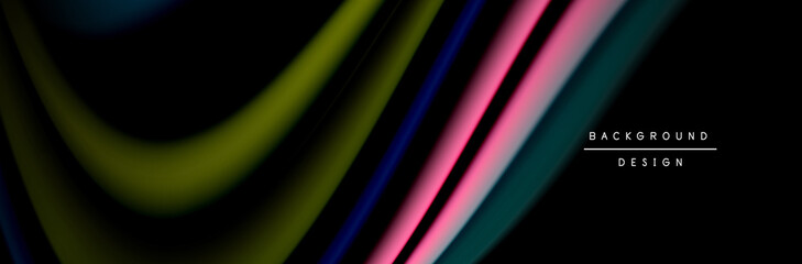 Сolorful flow poster. Wave liquid lines and shapes in black color background. Vector Illustration