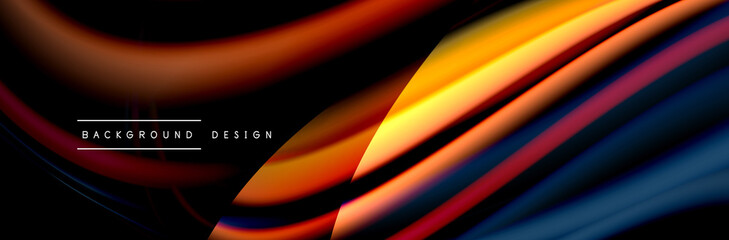 Сolorful flow poster. Wave liquid lines and shapes in black color background. Vector Illustration