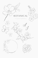 Fototapeta premium Collection of delicate line drawing vector floral wreaths frames. hand drawn delicate flowers, branches, leaves, blossom. Botanical illustration. Leaf logo. Magnolia, Forget me not, petals