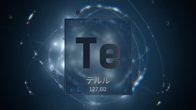 Tellurium as Element 52 of the Periodic Table. Seamlessly looping 3D animation on blue illuminated atom design background orbiting electrons name, atomic weight element number in Japanese language