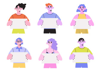 Vector illustration set or bundle with different young people holding empty signs, banner or placards. Men and woman on a peacefull demonstration, meeting. Male and female cartoon character.