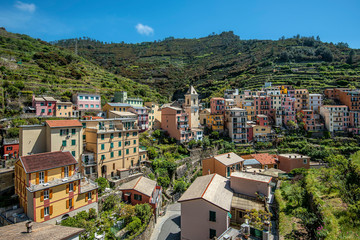 Obraz premium View at high land part of Manarola village with the ball tower in the center. Cinque Terre National parc in the Northwest of Italy.