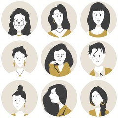 Set of people faces icons, female characters in a flat style. Cartoon cute avatars.