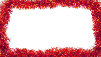 Red tinsel frame on white background, space for text texture design. Holiday, Christmas, New year,...