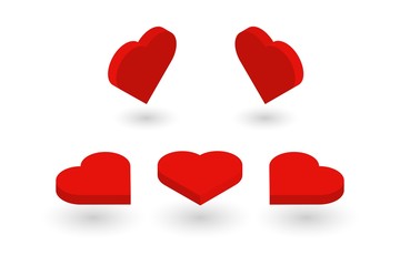 Isometric red hearts set. Love symbol collection isolated on white background. Set of heart icons presented at different angles.